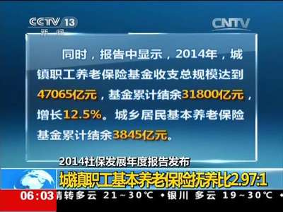 [视频]2014社保发展年度报告发布：城镇职工养老保险基金结余3.18万亿