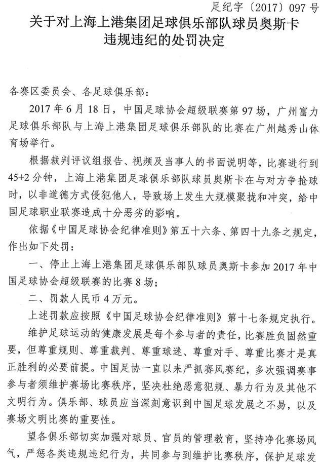 足协重罚奥斯卡！停赛8场罚款4万 以非道德方式侵犯他人！上港争冠悬了