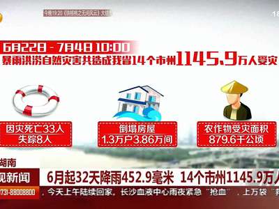 6月起32天降雨452.9毫米 14个市州1145.9万人受灾