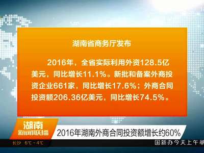 2016年湖南外商合同投资额增长约60%