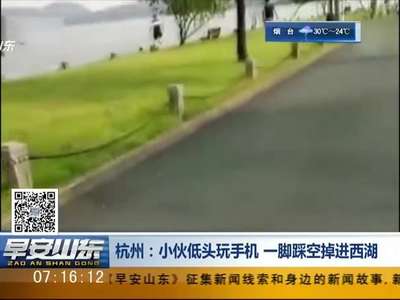 [视频]杭州：小伙低头玩手机 一脚踩空掉进西湖